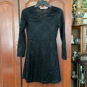 Liberty Black V Neck Cross Lace Flower Overlay Fitted Top Skater Dress Small
